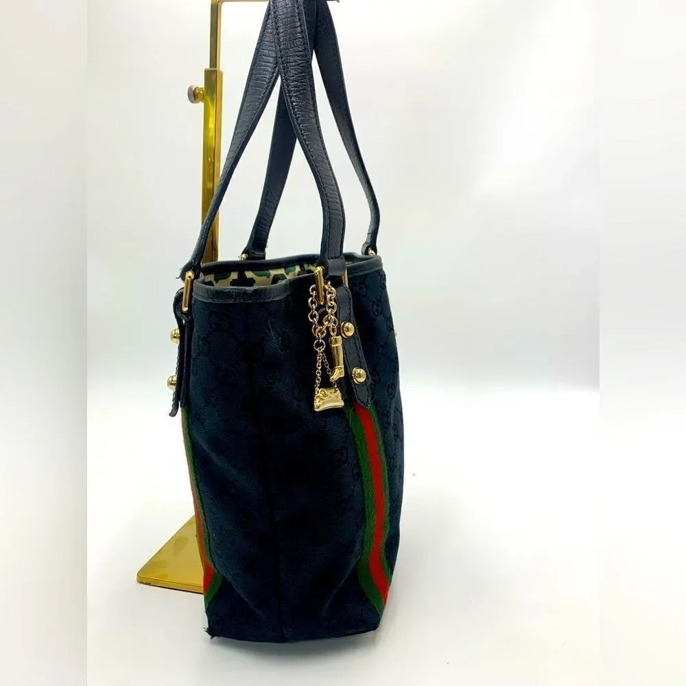 Gucci Small Black GG Canvas Sherry Line Jolicoeur Bucket Tote Bag Gold Charms
